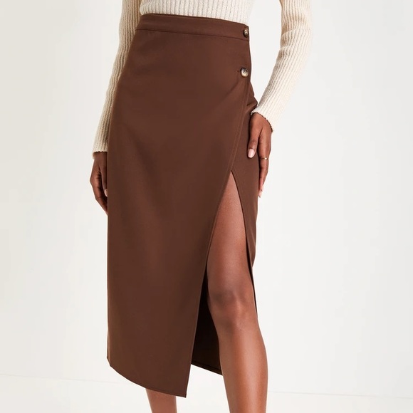 Lulus Dresses & Skirts - Brown Twill Button Wrap Midi Skirt